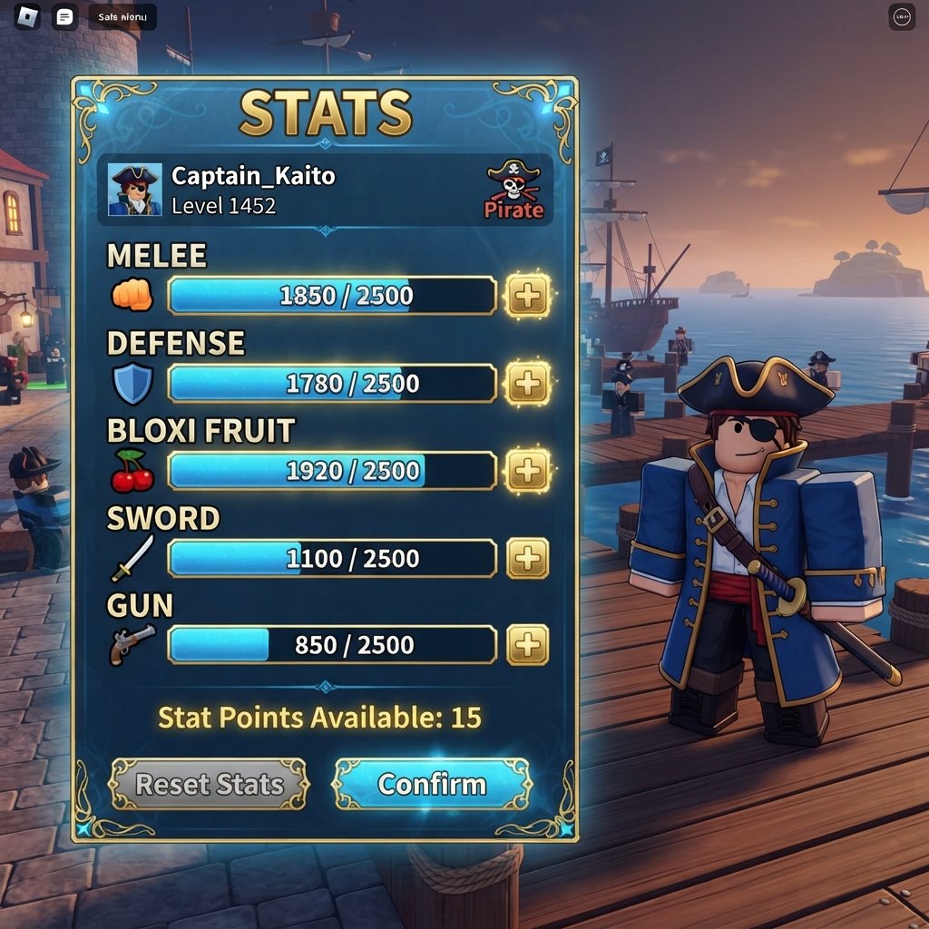 trucos - Roblox style character stats menu for Blox Fruits with highlighted points in melee, defense and blox fruit, clean ga
