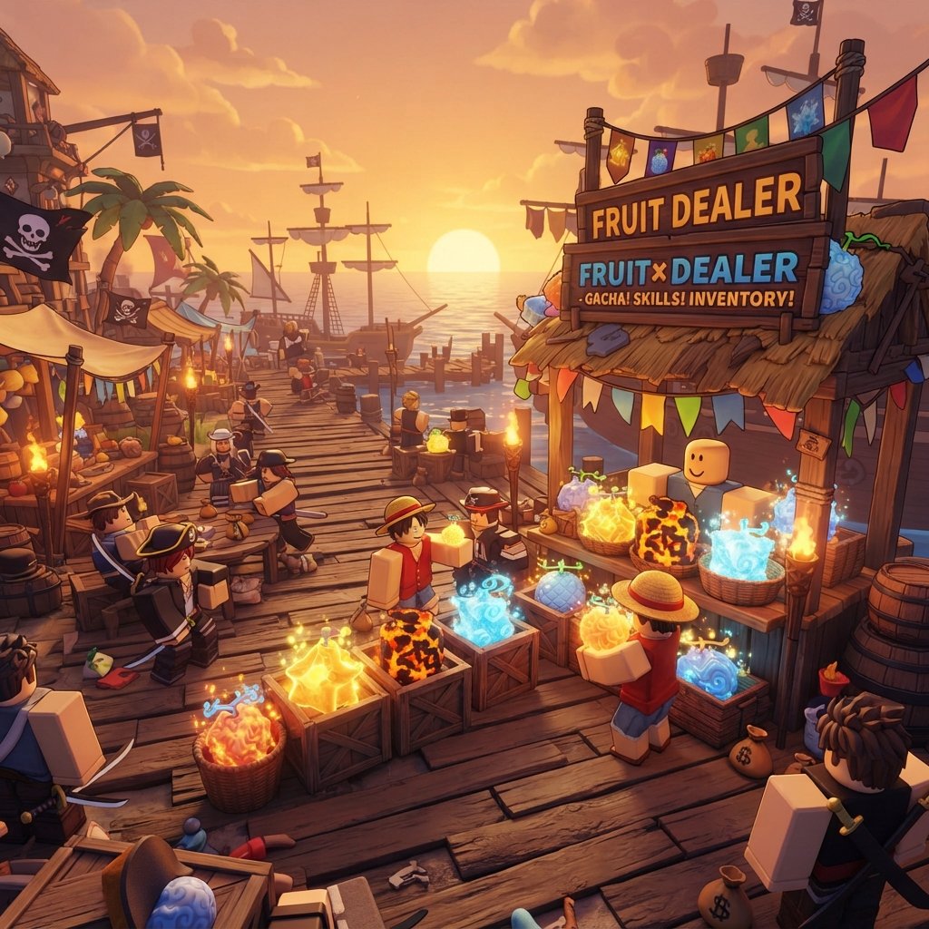 trucos - Fantasy marketplace in Roblox Blox Fruits style with fruit dealer stand, glowing magical fruits on wooden tables, pi