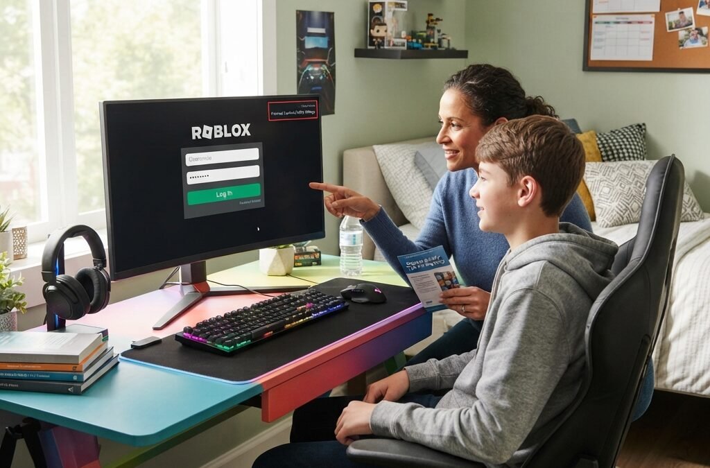 teen gamer using Roblox on a desktop computer in a bright modern bedroom, secure login screen visible, parent nearby reviewing safety tips, colorful gaming setup, educational and trustworthy mood, soft natural light, realistic, highly detailed