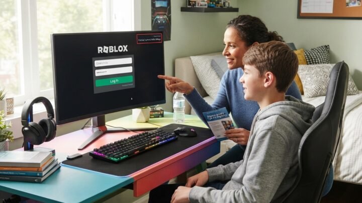 teen gamer using Roblox on a desktop computer in a bright modern bedroom, secure login screen visible, parent nearby reviewing safety tips, colorful gaming setup, educational and trustworthy mood, soft natural light, realistic, highly detailed
