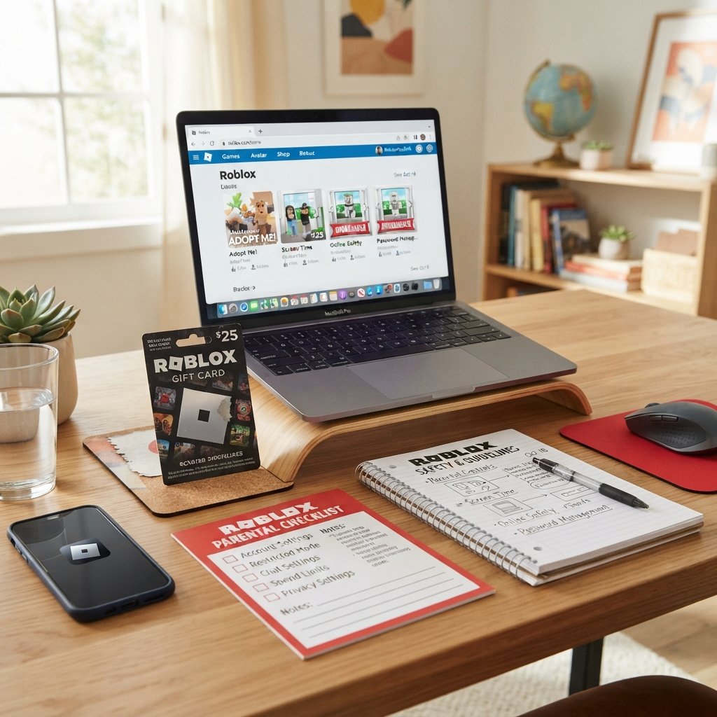 conseguir - gift card and Roblox interface on a laptop desk, clean organized workspace with notebook, smartphone, and parenta