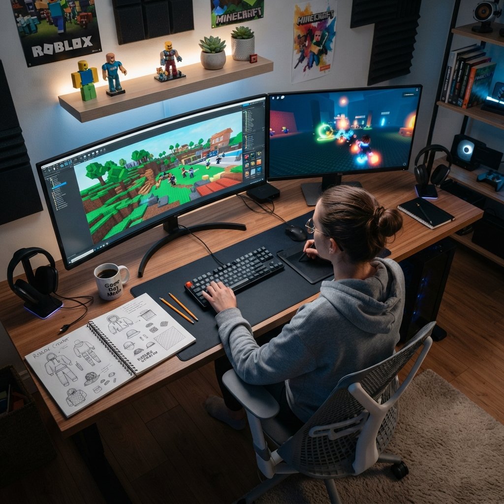 conseguir - young game developer designing a Roblox world on dual monitors, colorful 3D environment editor open, sketchbook w