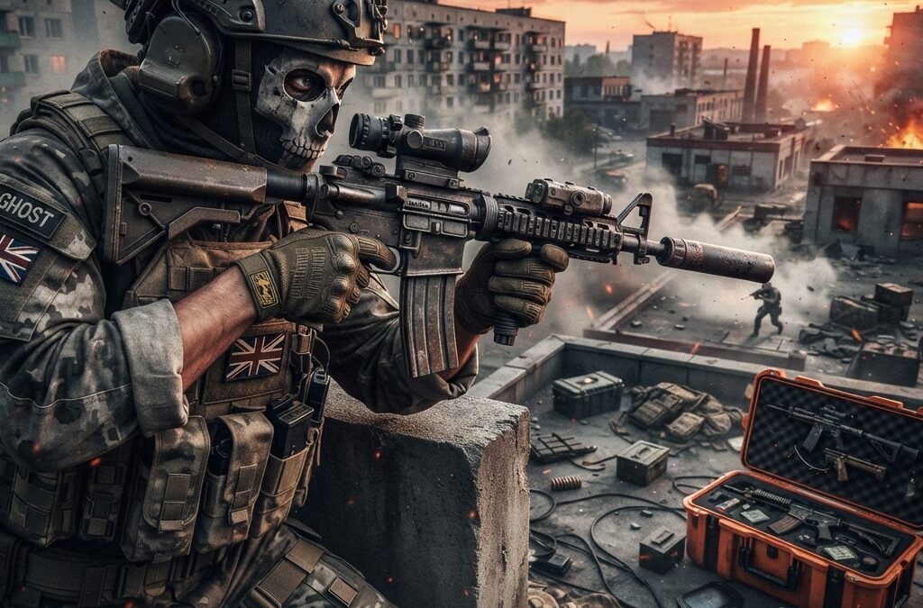 intense Call of Duty Warzone battlefield with a focused player overlooking Verdansk-style urban rooftops, tactical gear, loot crates, dramatic sunset sky, realistic military atmosphere, muted green and gray tones, cinematic lighting, ultra detailed, photorealistic