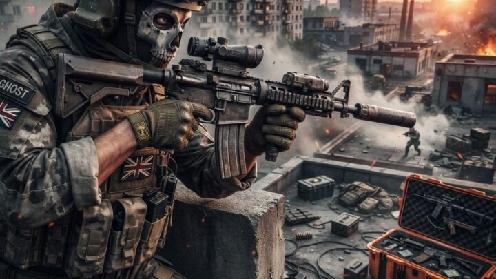 intense Call of Duty Warzone battlefield with a focused player overlooking Verdansk-style urban rooftops, tactical gear, loot crates, dramatic sunset sky, realistic military atmosphere, muted green and gray tones, cinematic lighting, ultra detailed, photorealistic