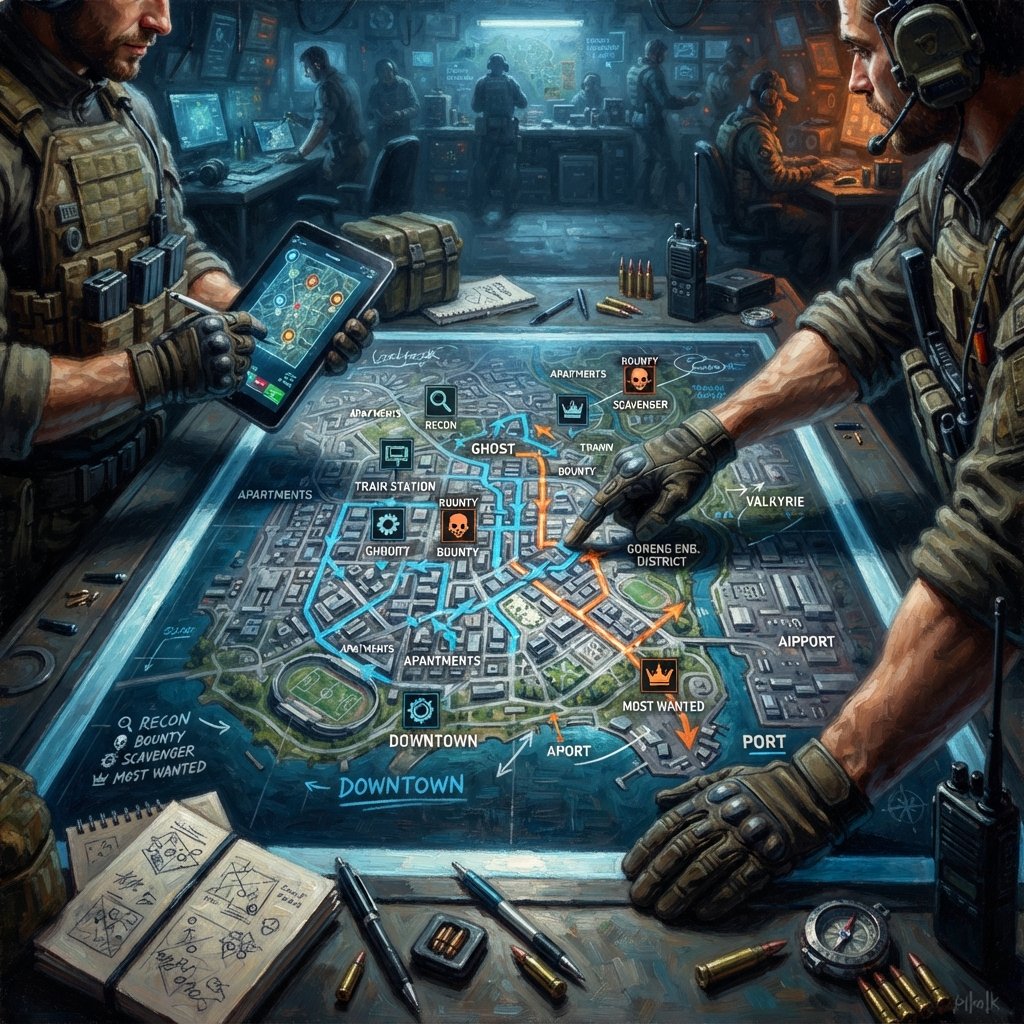 trucos - tactical map table showing Warzone contract icons, highlighted routes across city blocks and industrial zones, glove