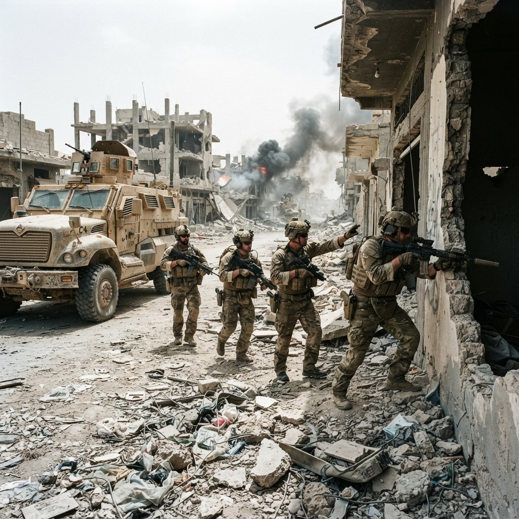 trucos - Warzone squad rotating through a ruined urban street using cover, armored vehicles, broken concrete walls, smoke in