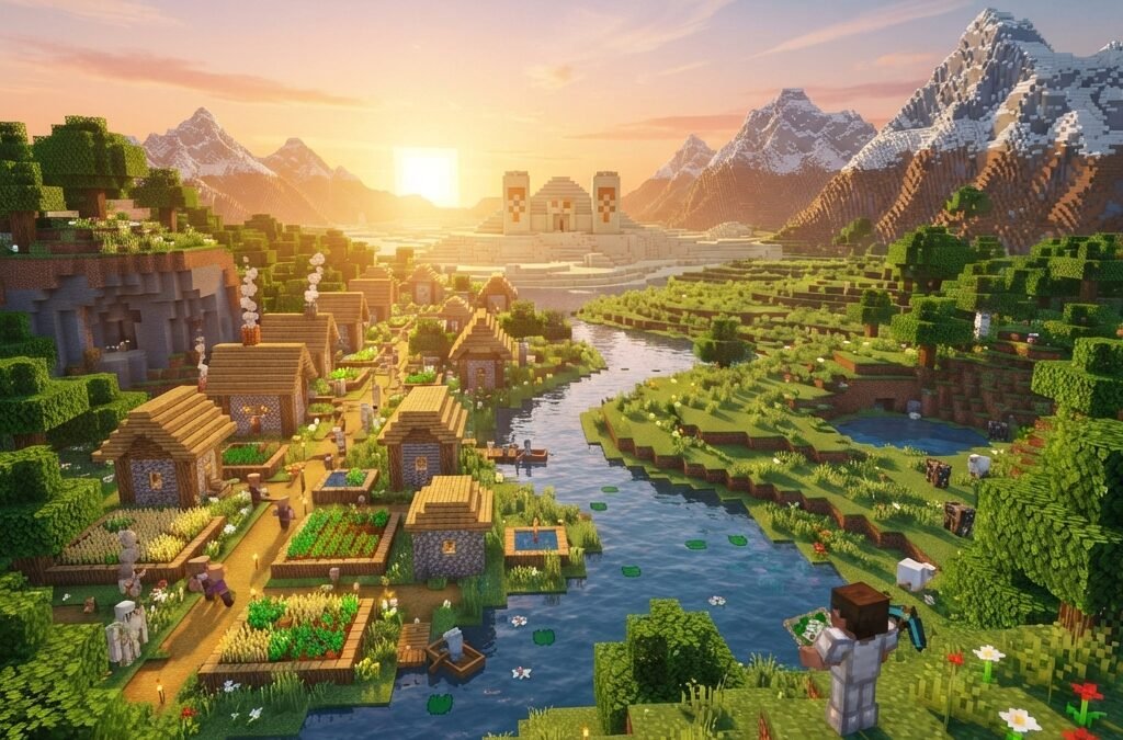 Minecraft survival landscape with a village near a river, desert temple on the horizon, lush green plains, distant mountains, warm sunrise lighting, adventurous and educational tone, highly detailed game-inspired scene