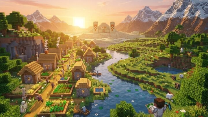 Minecraft survival landscape with a village near a river, desert temple on the horizon, lush green plains, distant mountains, warm sunrise lighting, adventurous and educational tone, highly detailed game-inspired scene