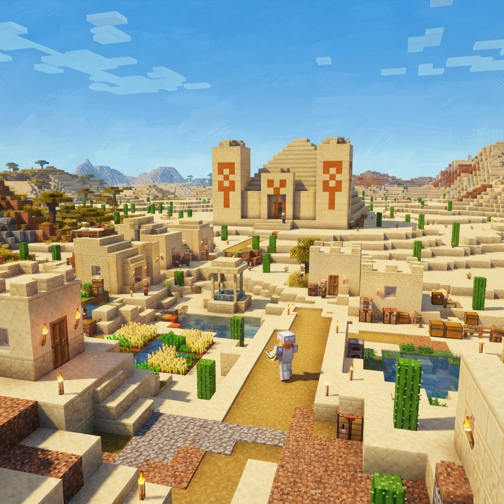 Minecraft desert survival scene with sandstone village houses, a desert temple with orange patterns, scattered cacti, bright