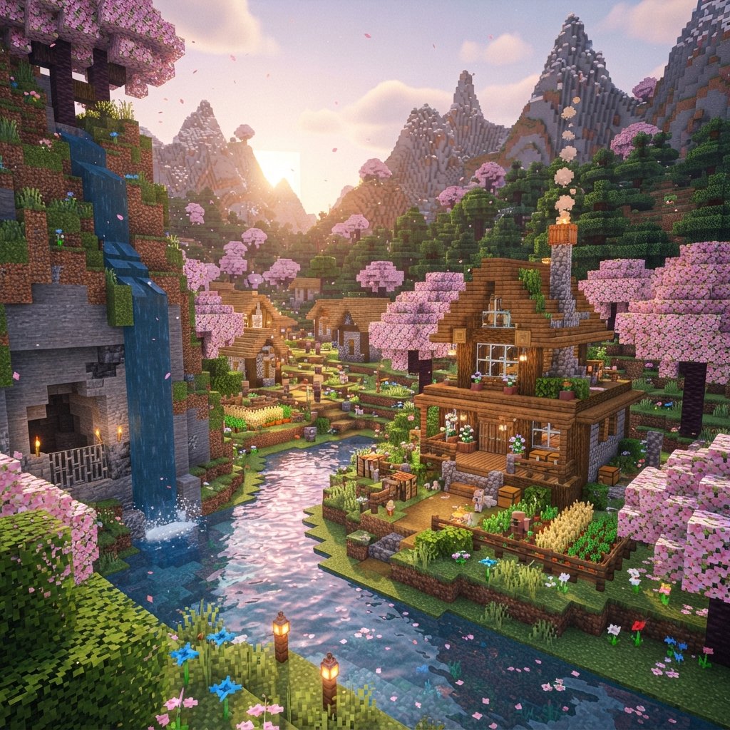 Minecraft mountain valley base with cherry blossom trees, wooden survival house near a village, waterfall, cave entrance, sof