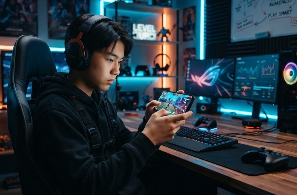 young mobile gamer playing battle royale on smartphone, Free Fire inspired interface without logos, neon blue and orange lights, secure digital rewards theme, modern bedroom gaming setup, educational mood, ultra detailed, realistic, cinematic lighting
