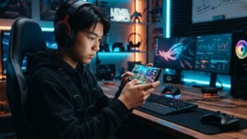 young mobile gamer playing battle royale on smartphone, Free Fire inspired interface without logos, neon blue and orange lights, secure digital rewards theme, modern bedroom gaming setup, educational mood, ultra detailed, realistic, cinematic lighting