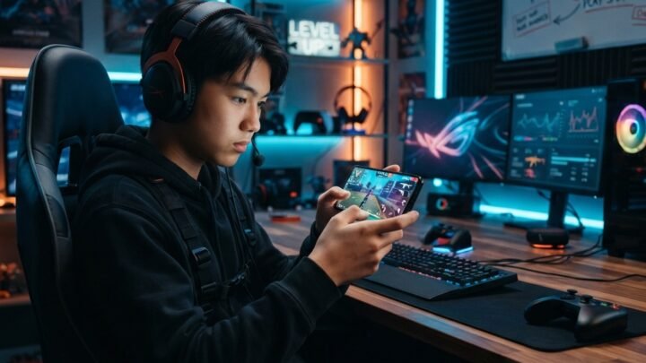 young mobile gamer playing battle royale on smartphone, Free Fire inspired interface without logos, neon blue and orange lights, secure digital rewards theme, modern bedroom gaming setup, educational mood, ultra detailed, realistic, cinematic lighting