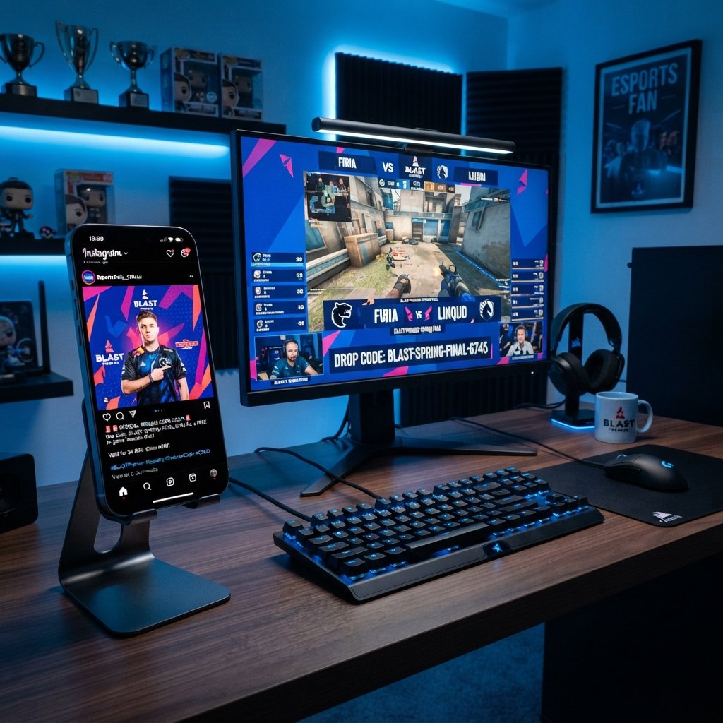 conseguir - smartphone screen showing social media gaming posts, official esports stream on monitor, redeem code concept, blu