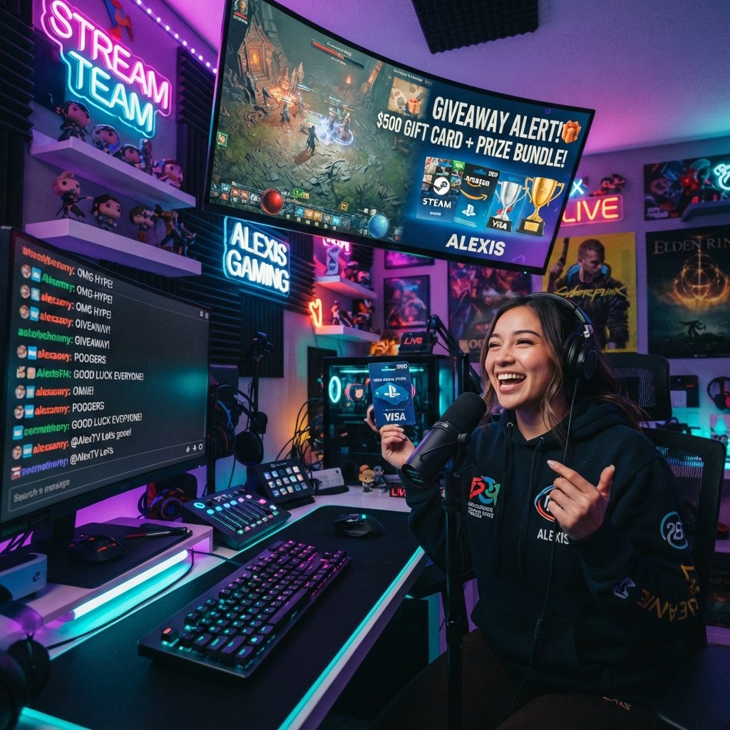 conseguir - online gaming giveaway scene, content creator streaming from colorful studio, chat messages on screen, gift card