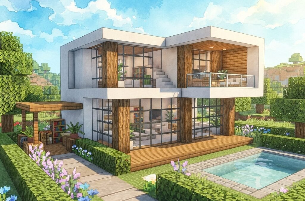 modern Minecraft house with clean white concrete walls, large glass windows, flat roof, wooden accents, small pool, trimmed garden, bright daylight, minimalist design, educational inspiration, highly detailed game-style render