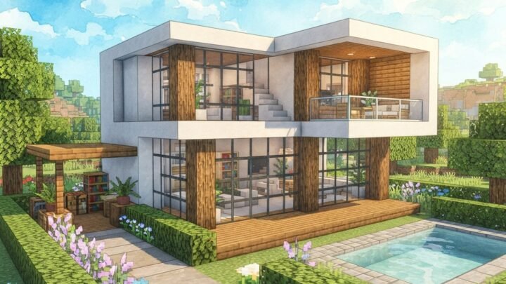 modern Minecraft house with clean white concrete walls, large glass windows, flat roof, wooden accents, small pool, trimmed garden, bright daylight, minimalist design, educational inspiration, highly detailed game-style render