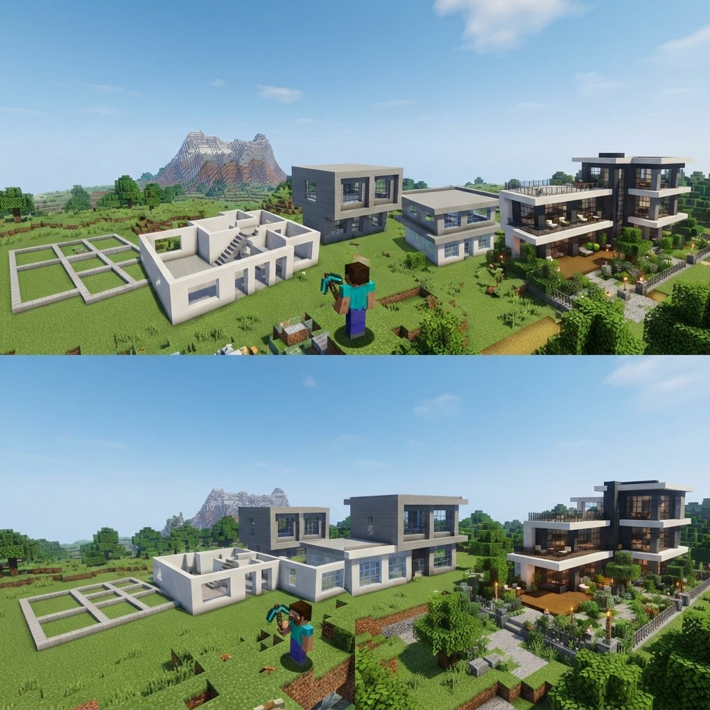 mejores - step-by-step Minecraft modern house construction showing layered rectangular volumes, flat roofs, glass walls, whit