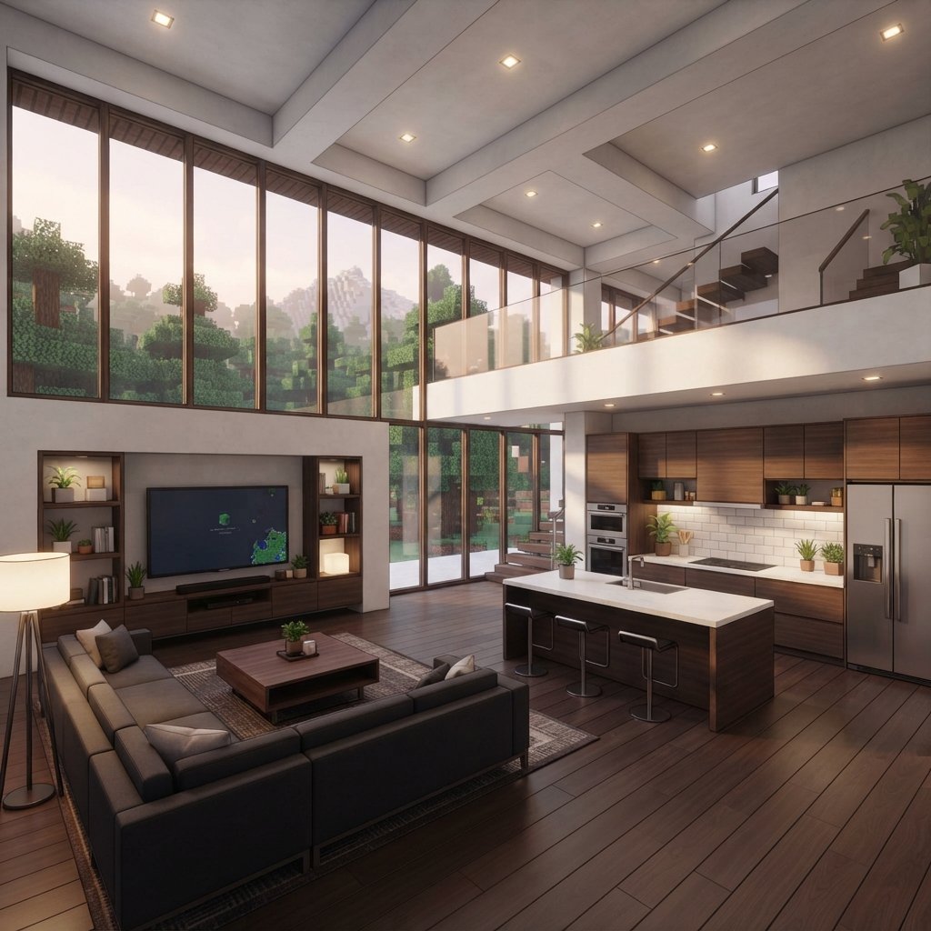 mejores - interior of a modern Minecraft house with open-plan living room, minimalist kitchen, large glass walls, white concr