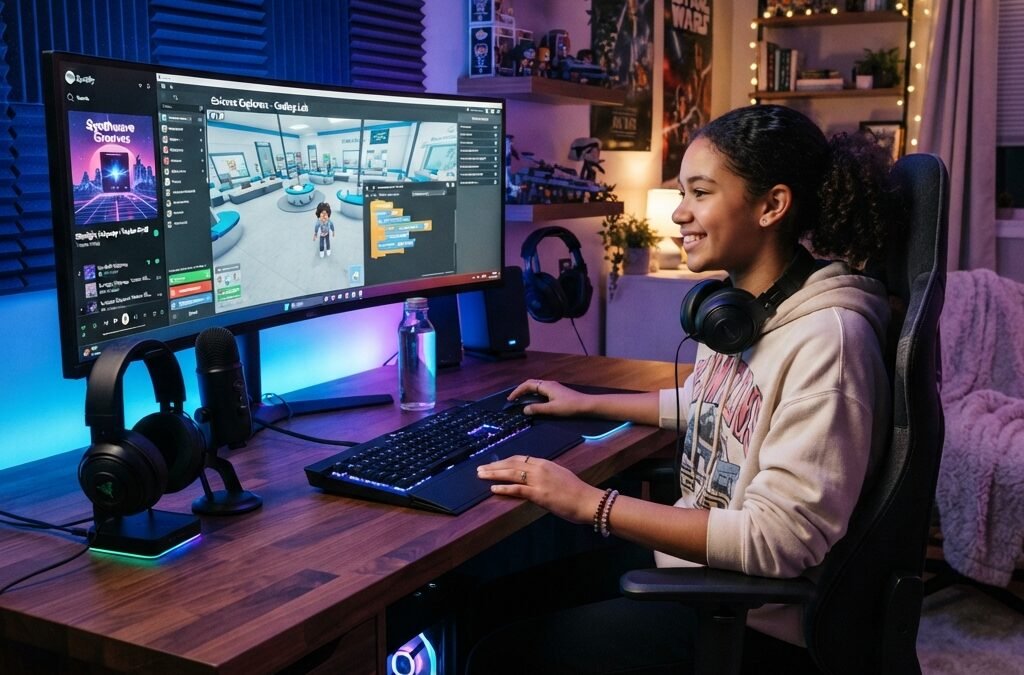 teen gamer using Roblox on a desktop setup with colorful RGB lights, music interface visible on screen, headphones on desk, cozy modern bedroom, vibrant blue and purple tones, educational gaming atmosphere, ultra realistic, highly detailed
