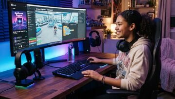 teen gamer using Roblox on a desktop setup with colorful RGB lights, music interface visible on screen, headphones on desk, cozy modern bedroom, vibrant blue and purple tones, educational gaming atmosphere, ultra realistic, highly detailed