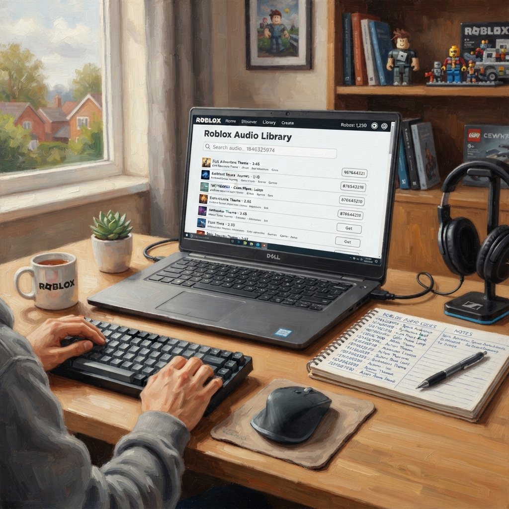 completa - Roblox audio library interface on computer screen, search bar with music codes, notebook with handwritten numbers,