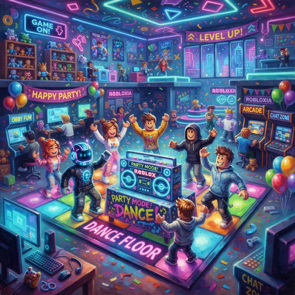 completa - virtual party scene inspired by Roblox, avatars dancing around a boombox, neon lights, colorful game room, upbeat
