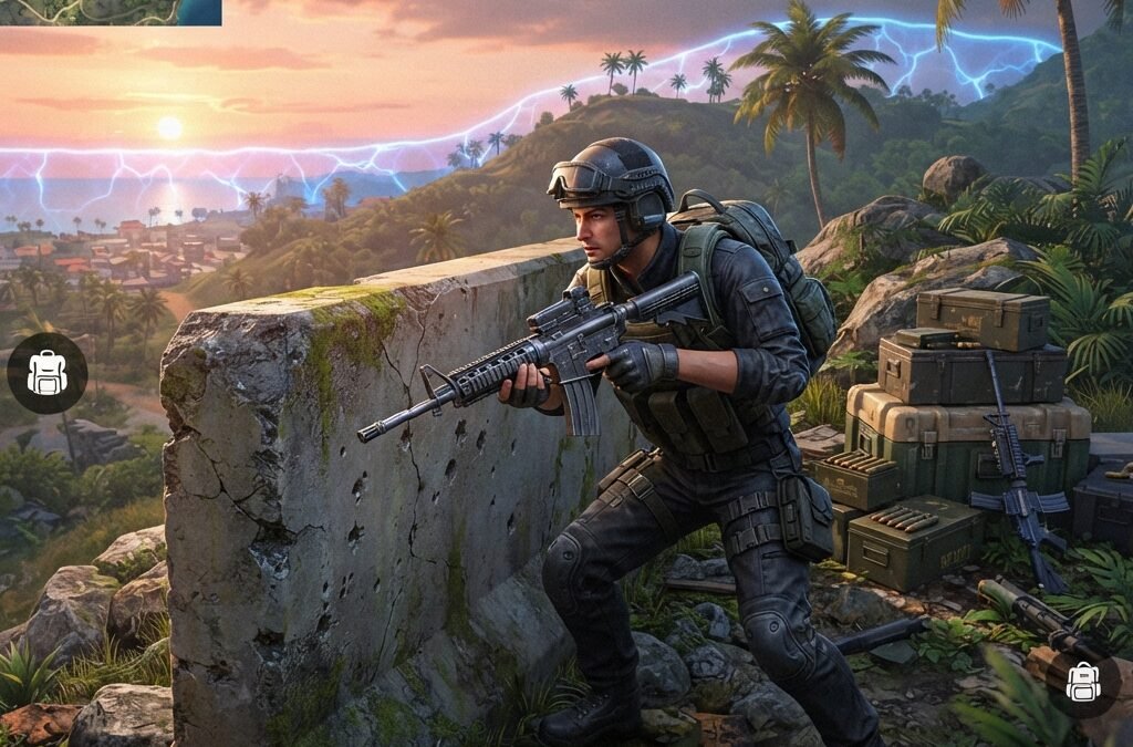 Free Fire ranked match scene with a focused player character taking cover behind a concrete wall, tropical battleground at sunset, supply crates, distant safe zone glow, tactical atmosphere, realistic mobile game style, vibrant colors, highly detailed