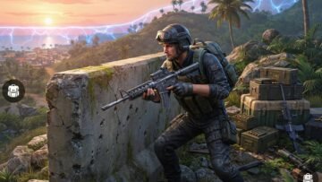 Free Fire ranked match scene with a focused player character taking cover behind a concrete wall, tropical battleground at sunset, supply crates, distant safe zone glow, tactical atmosphere, realistic mobile game style, vibrant colors, highly detailed