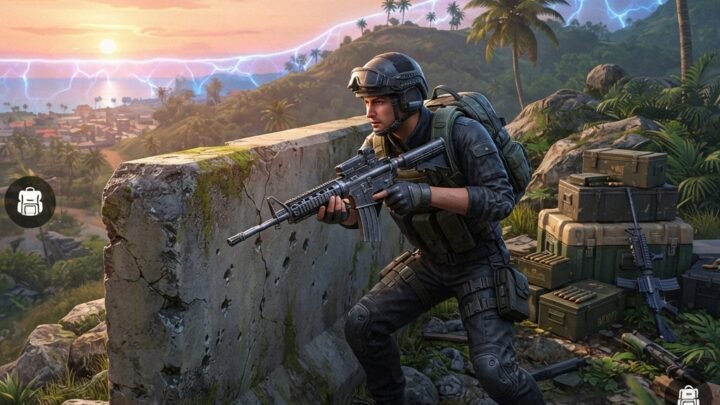 Free Fire ranked match scene with a focused player character taking cover behind a concrete wall, tropical battleground at sunset, supply crates, distant safe zone glow, tactical atmosphere, realistic mobile game style, vibrant colors, highly detailed