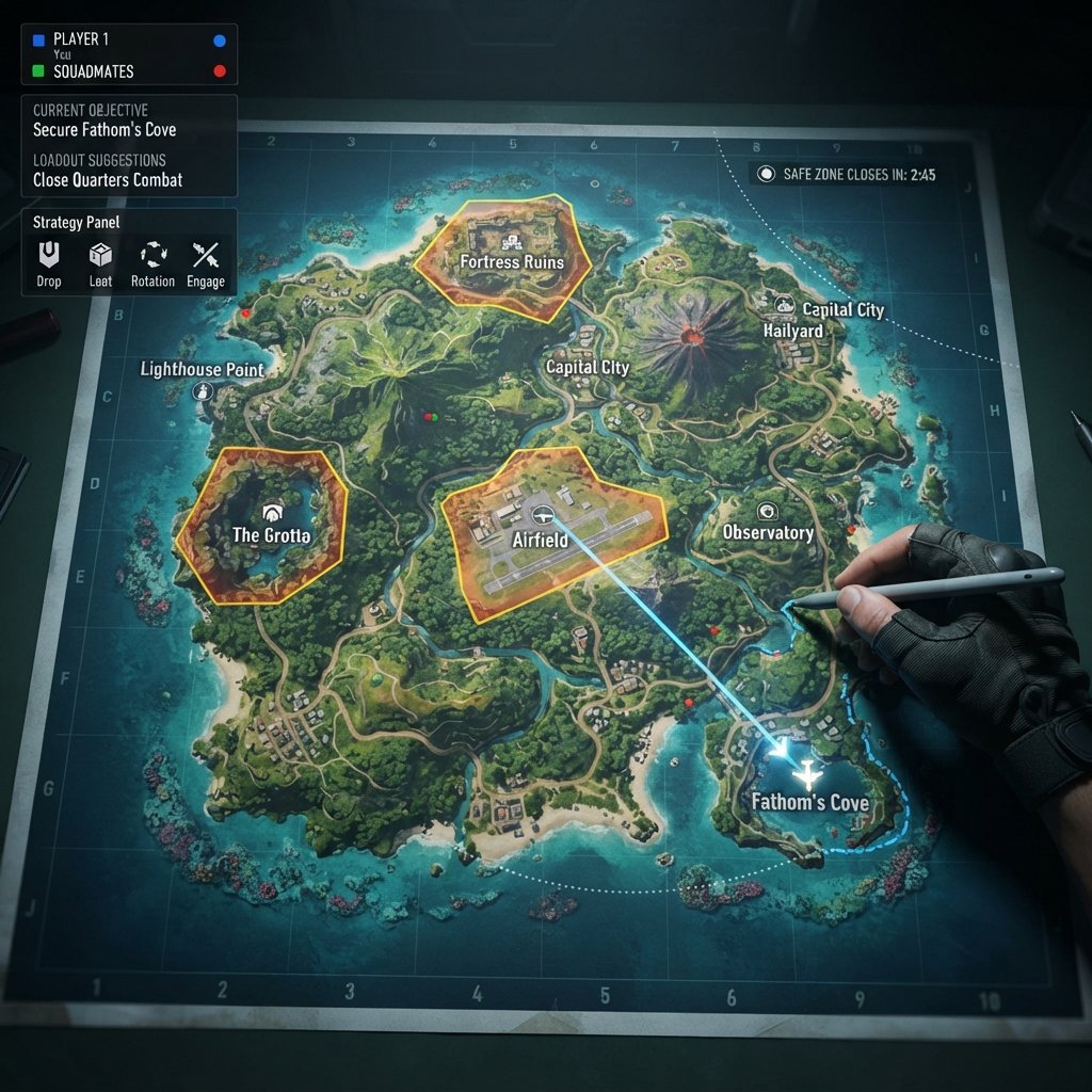 definitiva - Top-down style battle royale map planning scene, player marking a safe landing route on a tropical island map, h