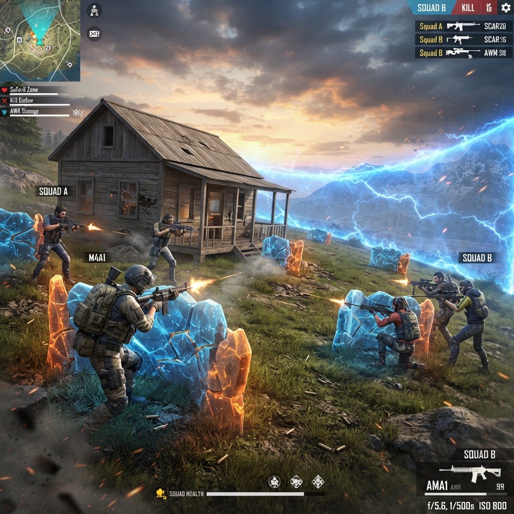 definitiva - Free Fire endgame circle with two squads using gloo walls near grassy hillside and small wooden house, blue safe