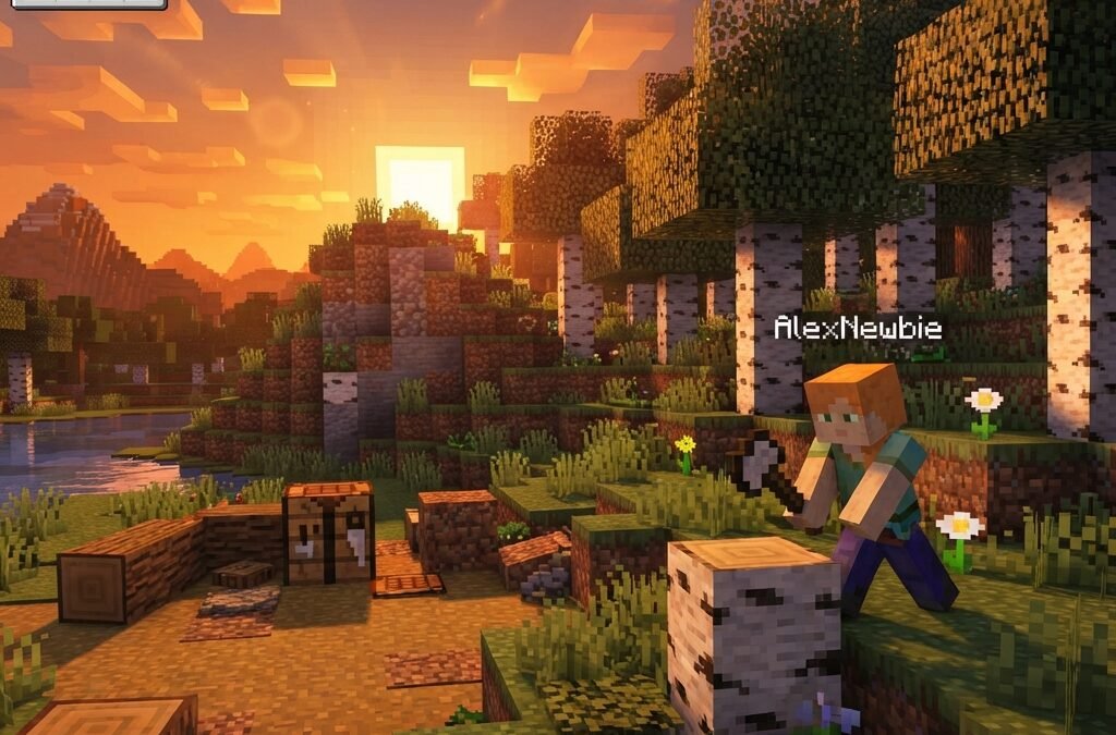 new Minecraft player at sunset gathering wood near a grassy forest and small hill, crafting table nearby, warm orange sky, blocky survival world, calm but tense atmosphere, educational gaming scene, highly detailed