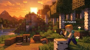 new Minecraft player at sunset gathering wood near a grassy forest and small hill, crafting table nearby, warm orange sky, blocky survival world, calm but tense atmosphere, educational gaming scene, highly detailed