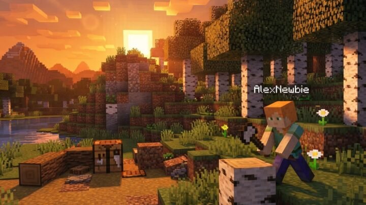 new Minecraft player at sunset gathering wood near a grassy forest and small hill, crafting table nearby, warm orange sky, blocky survival world, calm but tense atmosphere, educational gaming scene, highly detailed