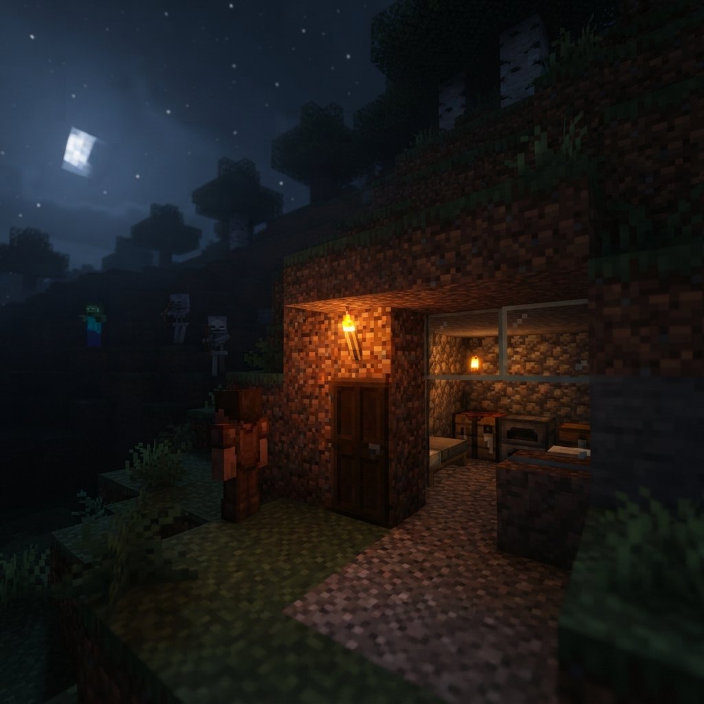 trucos - simple Minecraft first-night shelter built into a hillside with torchlight glowing from inside, crafting table, furn