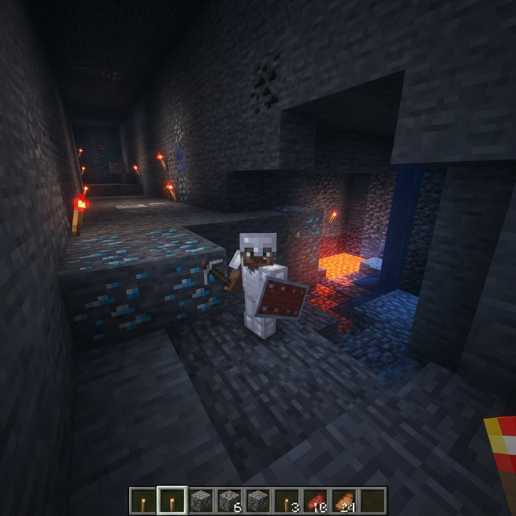 trucos - deep Minecraft underground diamond mining scene at low Y level, player with iron pickaxe and shield, blue diamond or
