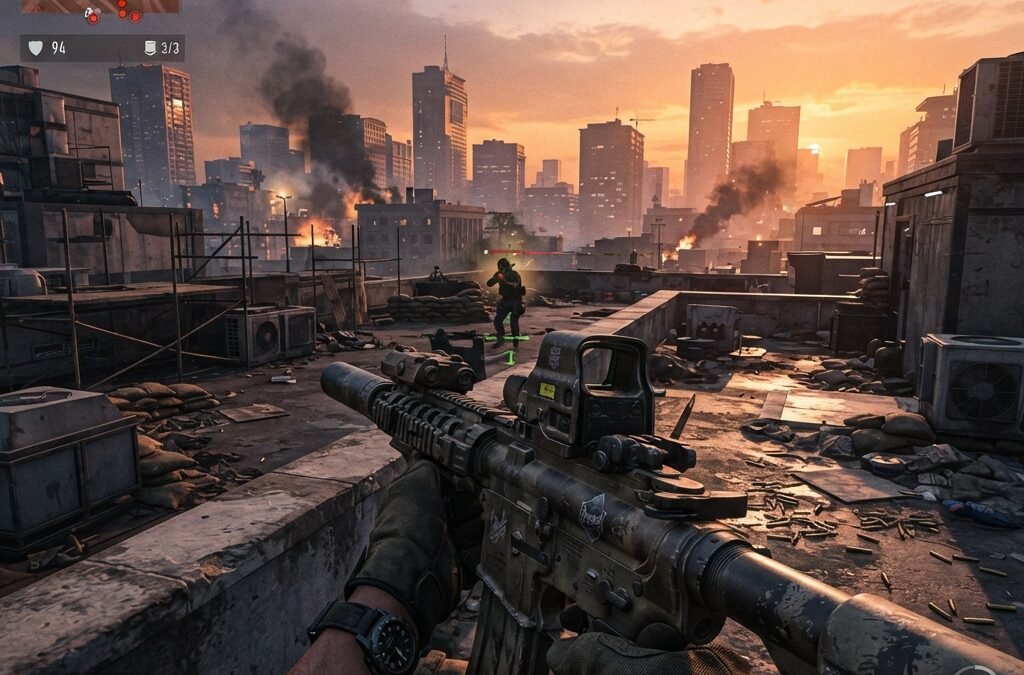 Call of Duty Warzone player aiming across an urban rooftop battlefield at sunset, tactical HUD visible, realistic assault rifle in first person view, focused competitive mood, detailed city skyline, smoke and warm orange lighting, ultra realistic, highly detailed, 8k quality