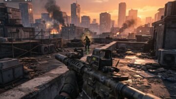 Call of Duty Warzone player aiming across an urban rooftop battlefield at sunset, tactical HUD visible, realistic assault rifle in first person view, focused competitive mood, detailed city skyline, smoke and warm orange lighting, ultra realistic, highly detailed, 8k quality