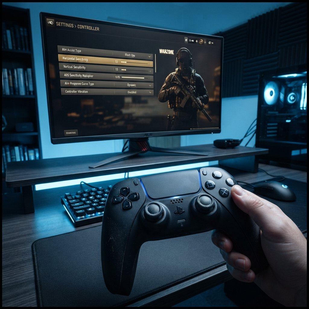 mejorar - Close-up of a gaming controller and monitor showing Warzone settings menu, sensitivity sliders and aim assist optio