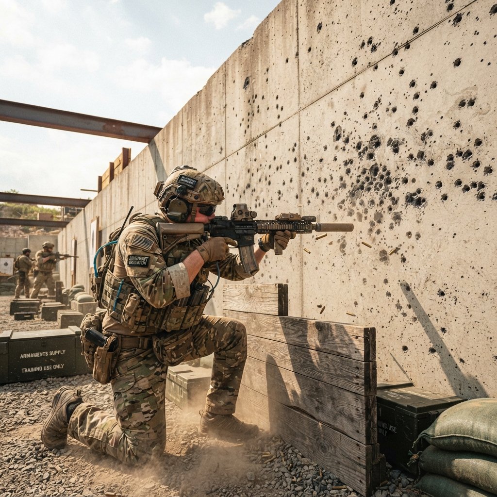 mejorar - Warzone training range scene with bullet patterns on a concrete wall, modern rifle on screen, player practicing rec
