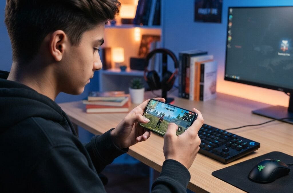 young gamer using smartphone with Free Fire style battle royale interface, safe digital environment, blue and orange lighting, clean desk setup, educational tech mood, realistic hands holding phone, subtle gaming accessories, highly detailed, photorealistic