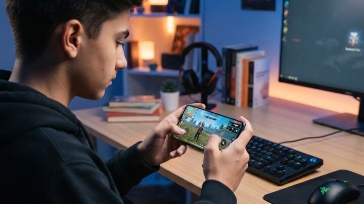 young gamer using smartphone with Free Fire style battle royale interface, safe digital environment, blue and orange lighting, clean desk setup, educational tech mood, realistic hands holding phone, subtle gaming accessories, highly detailed, photorealistic