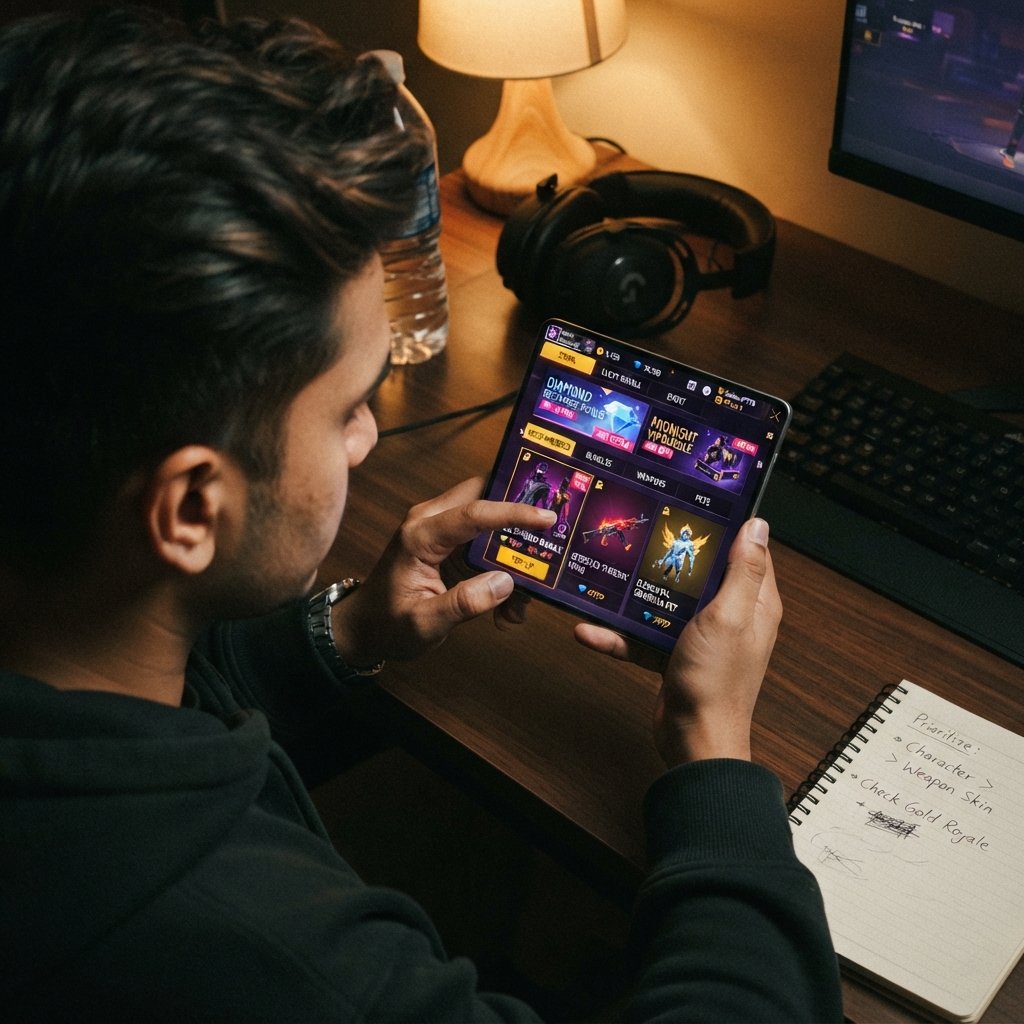 conseguir - Free Fire inspired in-game store on smartphone, diamonds, discounted bundles, event banners, strategic spending c