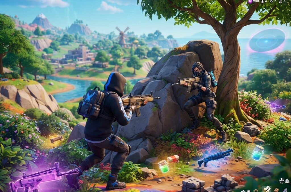 Fortnite style action scene in zero build mode, player taking cover behind rocks and trees on a colorful island landscape, bright sky, tactical movement, loot scattered nearby, dynamic third person perspective, vibrant colors, educational gaming mood, highly detailed