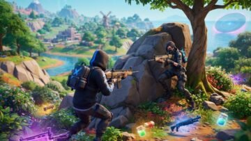 Fortnite style action scene in zero build mode, player taking cover behind rocks and trees on a colorful island landscape, bright sky, tactical movement, loot scattered nearby, dynamic third person perspective, vibrant colors, educational gaming mood, highly detailed