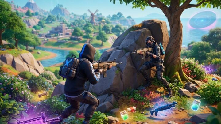Fortnite style action scene in zero build mode, player taking cover behind rocks and trees on a colorful island landscape, bright sky, tactical movement, loot scattered nearby, dynamic third person perspective, vibrant colors, educational gaming mood, highly detailed