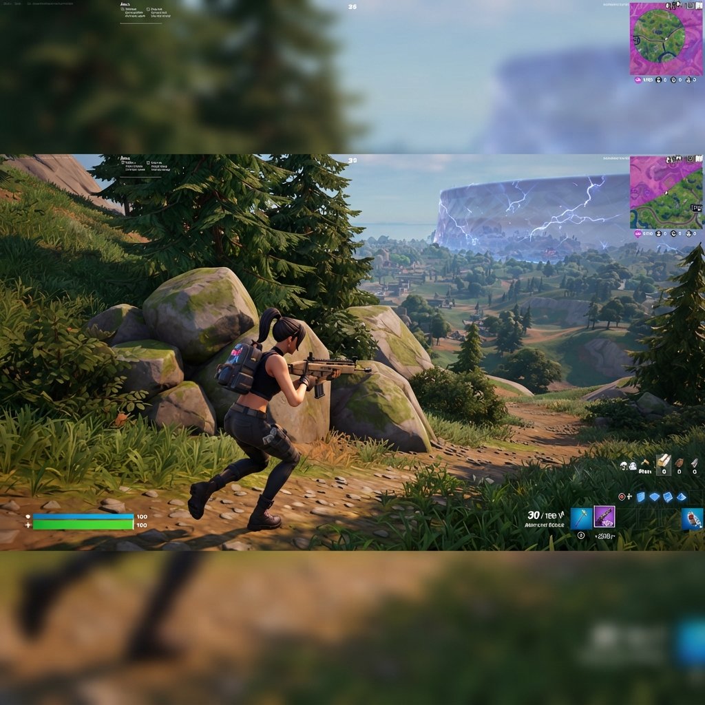 mejores - Fortnite zero build player rotating between natural cover, using large boulders, pine trees and grassy hills for pr