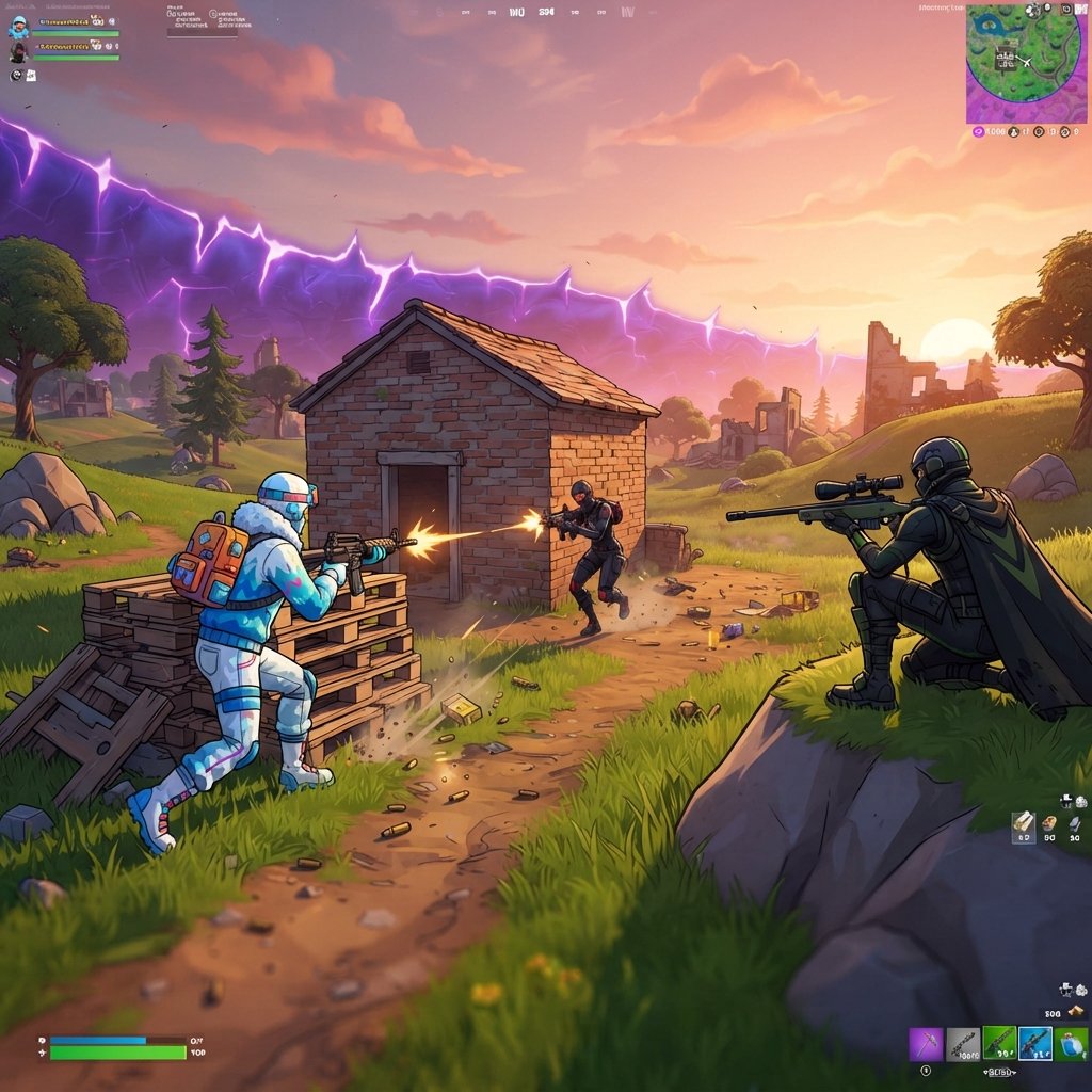 mejores - Fortnite endgame firefight in zero build mode, two players battling near a small building while a third player watc